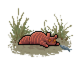 Pixel art of an orange-brown slugpup lying on its stomach with its front paws stretched out. It has brighter orange stripes. Its tail tip and ears are also brighter orange.